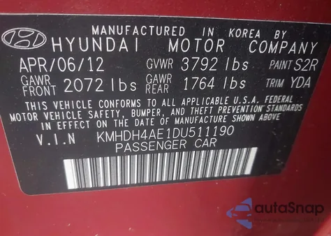 2013 Hyundai Elantra Limited из США, поврежденный, VIN KMHDH4AE1DU511190